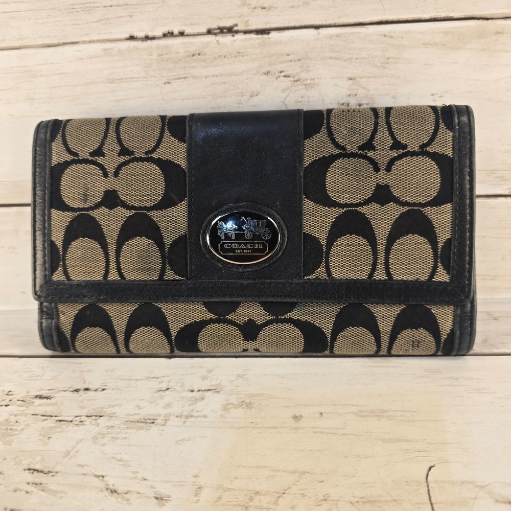 Coach Signature C Jacquard Trifold Wallet Black Grey Horse and Carriage Logo